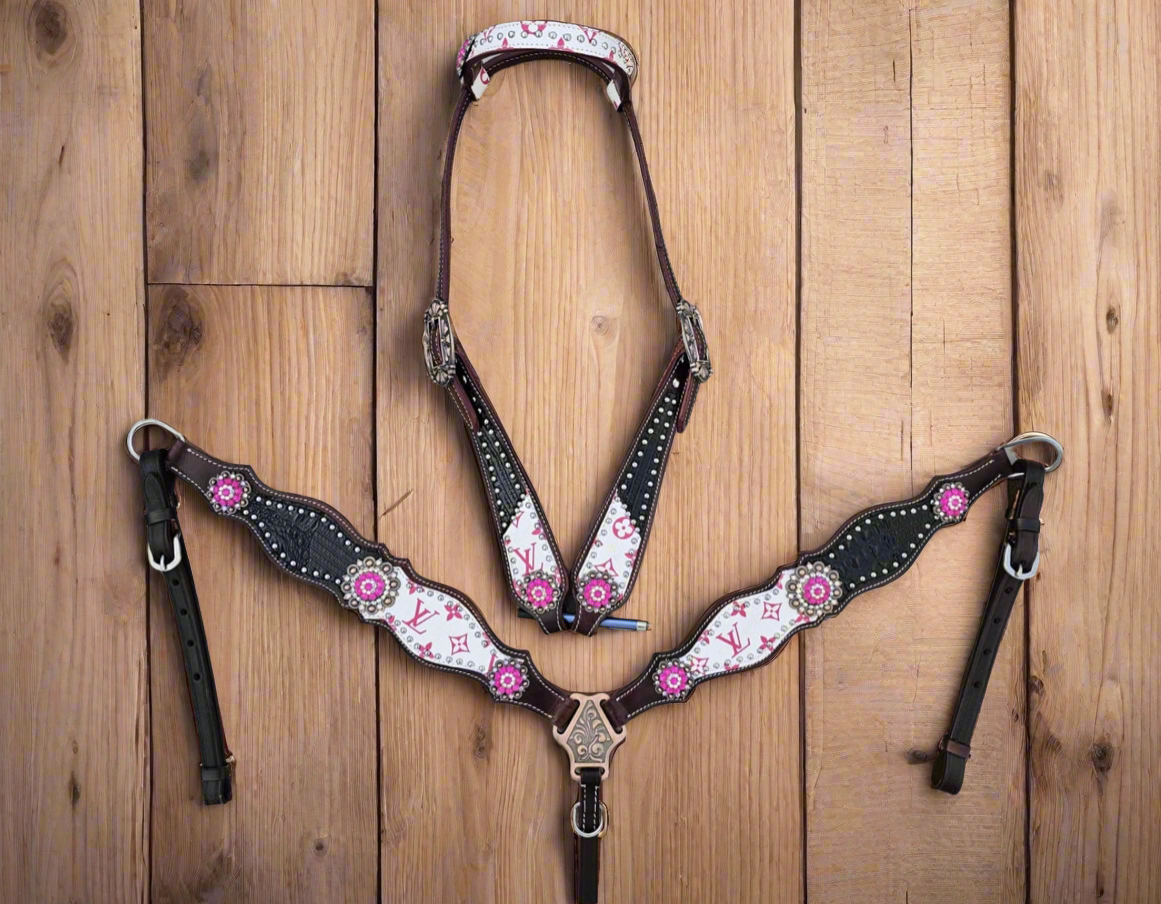 Black Gator and Pink Louis Vuitton Tack Set
