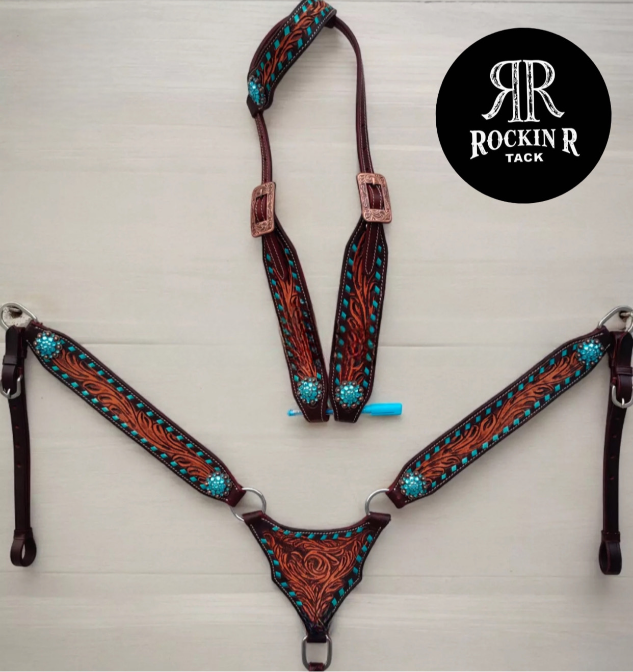 Teal Tooled Leather Tack Set