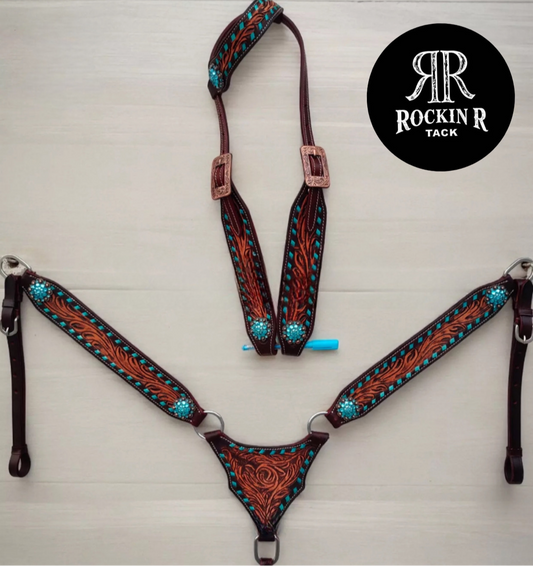 Teal Tooled Leather Tack Set